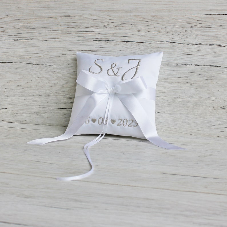 Ring Bearer Pillow with Silver Embroidery Personalised White Satin Ring Pillow Handmade Ring Bearer Cushion Wedding Ceremony Pillow zdjęcie 8