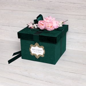 Green Wedding Card Box, Wedding Money Box, Wedding Keepsake Box Green Emerald Wedding Thema met roze pioenen