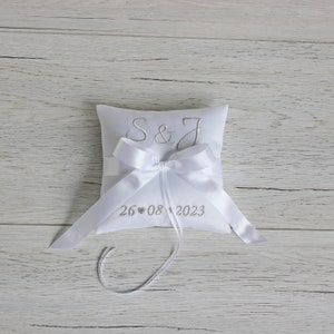 Ring Bearer Pillow with Silver Embroidery Personalised White Satin Ring Pillow Handmade Ring Bearer Cushion Wedding Ceremony Pillow image 7