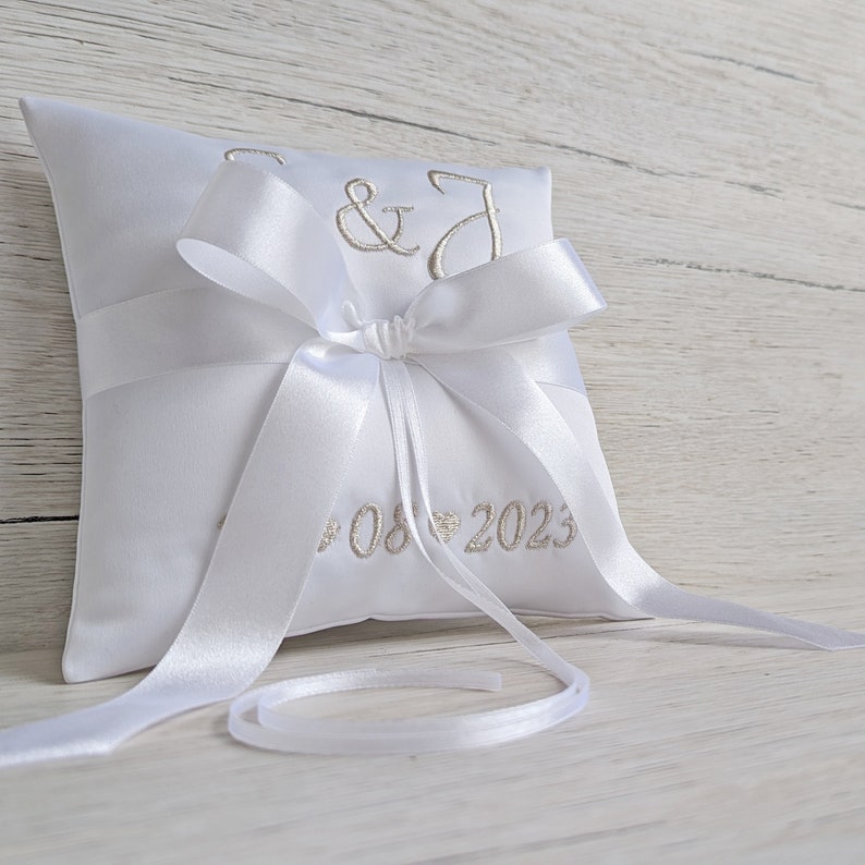 Ring Bearer Pillow with Silver Embroidery Personalised White Satin Ring Pillow Handmade Ring Bearer Cushion Wedding Ceremony Pillow image 2