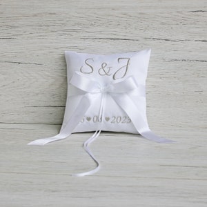 Ring Bearer Pillow with Silver Embroidery Personalised White Satin Ring Pillow Handmade Ring Bearer Cushion Wedding Ceremony Pillow image 3