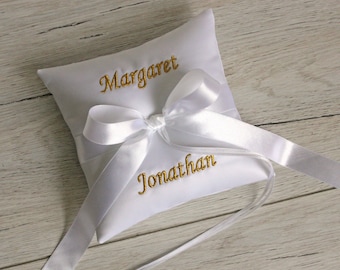 Personalized Ring Bearer Pillow: White Satin with Gold Embroidery