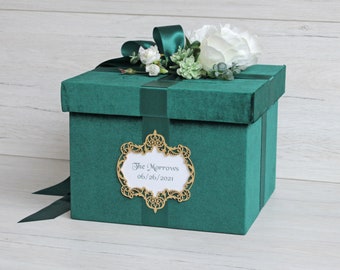 Emerald Green Velvet Wedding Card Box with White Roses