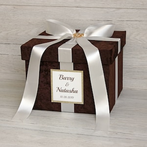 Brown Wedding Card Box Gepersonaliseerde Velvet Money Box Chocolate Brown Wedding Wish Box Wedding Favor Box die goed met Ivory Ribbon