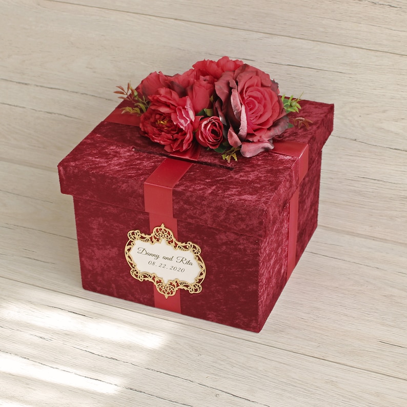 Personalized Red Velvet Wedding Card Box With Roses - Etsy