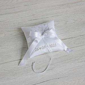 Ring Bearer Pillow with Silver Embroidery Personalised White Satin Ring Pillow Handmade Ring Bearer Cushion Wedding Ceremony Pillow image 6