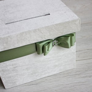 Caixa de cartão de casamento branca com fita de cetim de eucalipto - Mealheiro de casamento de veludo com laço verde-oliva - Caixa de desejos de casamento - Caixa de lembrança