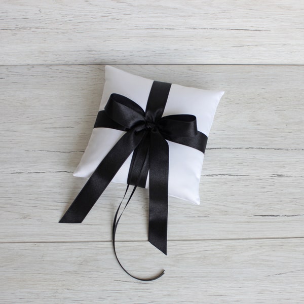 Ring Bearer Pillow ~ Satin Ring Pillow ~ Black ribbon Ring Bearer Cushion ~ Wedding Ring Pillow for Ceremony