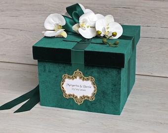 Handmade Green Velvet Wedding Card Box: Orchid Decor, Personalized Banner