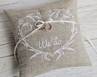 Handmade Linen Ring Bearer Pillow with Embroidery - We do - Rustic Charm