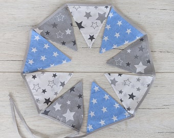 Double-Sided Cotton Star Bunting Flags - Handmade Fabric Garland Banner for Baby Boy Nursery Wall Hanging and Home Decor