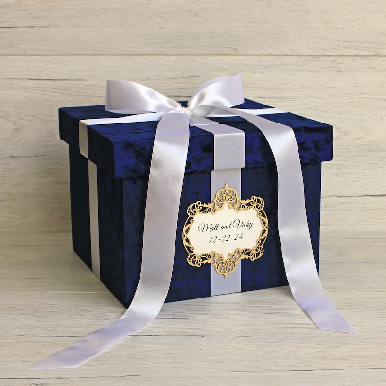 Personalized Navy Blue Velvet Wedding Card Box With Slot - Etsy