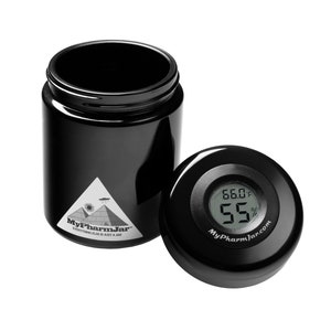 Stash jar Miron UV Glass Curing Jar 250ml herb jar w/digital humidity/temp sensor in lid.  Biophotonic glass outperforms all other glassware
