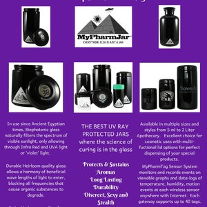 May include: Black glass jars with a pyramid logo and the text "MyPharmjar.com 100% Biophotonic Miron Glass". The jars are available in various sizes and styles. The text "Protects & Sustains Aromas Long Lasting Durability Discreet, Sexy and Stealth" is also visible.