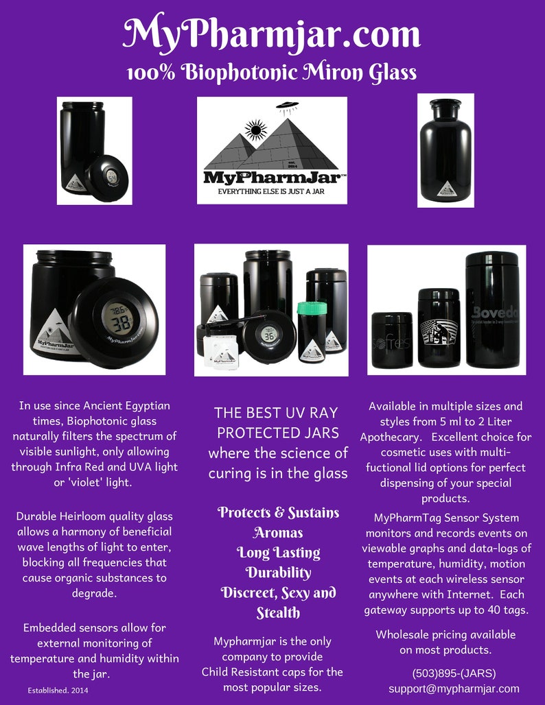 May include: Black glass jars with a pyramid logo and the text "MyPharmjar.com 100% Biophotonic Miron Glass". The jars are available in various sizes and styles. The text "Protects & Sustains Aromas Long Lasting Durability Discreet, Sexy and Stealth" is also visible.
