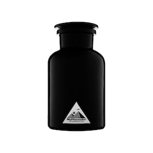 May include: A black glass jar with a black lid and a white label that says "MyPharmJar" with a graphic of a pyramid and a UFO.
