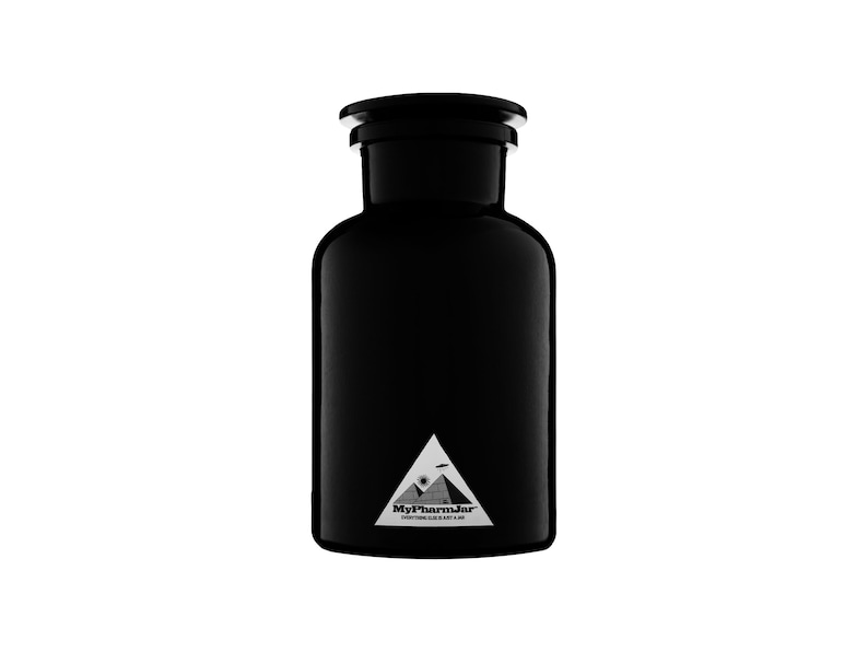 May include: A black glass jar with a black lid and a white label that says "MyPharmJar" with a graphic of a pyramid and a UFO.