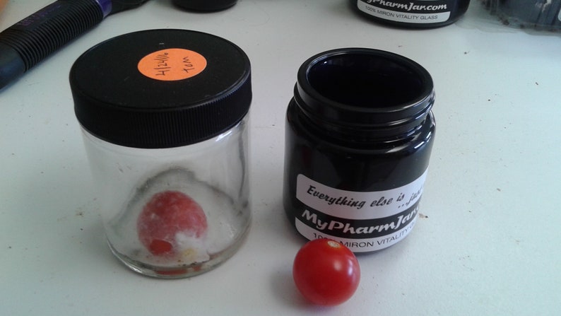May include: Two glass jars with black lids. One jar contains a red, round object. The other jar has a black label that reads "Everything else is junk... MyPharmJar.com 100% MIRON VITALITY GLASS". A red cherry sits in front of the jars.