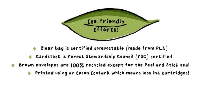 以下が含まれることがあります： 「Eco-friendly Efforts:」のテキストと、環境に配慮した取り組みのリストが記載された緑色の葉のイラスト。堆肥化可能な透明バッグ、FSC認証の厚紙、リサイクルされた茶色の封筒、Epson Ecotank印刷が含まれています。