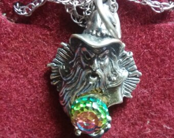 Wizard with Hematite Ball Pewter Occult Fantasy Silver Necromancy Pagan Pendant Jewelry