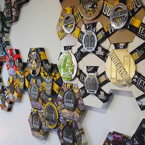 Customizable 3D Printed Hexagon Honeycomb Medal Display | Modular Wall-Mounted Medal Organizer | PLA with Optional Printed Front