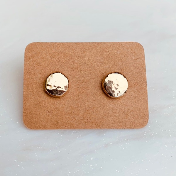 9ct Yellow Gold Hammered Stud Earrings. Solid gold, simple round earrings with beaten texture. Three sizes available. Real gold earrings.