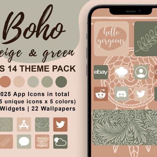Boho Aesthetic iOS 14 App icon Pack, ios 14 icons, iphone theme, iphone icons, ios 14 aesthetic, ios 14 pastel, widget icons, beige green