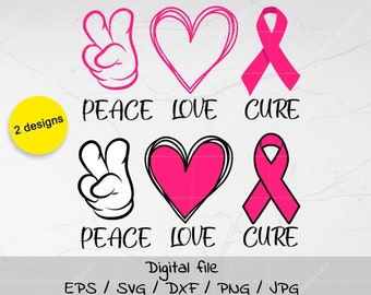 Peace Love Cure SVG PNG Design National Breast Cancer Awareness Month October Pink Month Ribbon Survivor Sublimation Print Cut File Digital