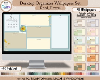 Desktop Organizer Wallpapers Set Calendar 2023+2024 +Folder/Icon, Editable Labels- Canva, Aesthetic Theme Background Mac Windows,School Work