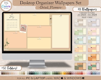Desktop Organizer Wallpapers Set Calendar 2023+2024 +Folder/Icon, Editable Labels- Canva, Aesthetic Theme Background Mac Windows,School Work