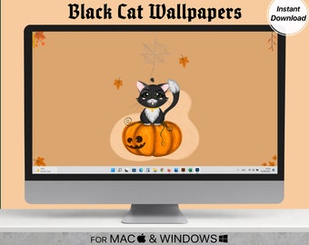 Desktop Wallpaper Black Autumn Cat Halloween Aesthetic Theme Background Leaf Fall Pumpkin Mac Windows Digital png jpeg Computer PC Laptop