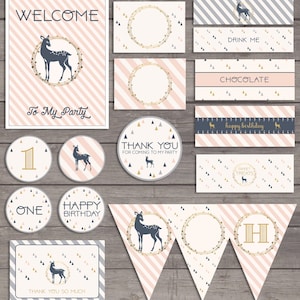 Mod Hipster Gold Pink Girls Birthday Printable Pack Bunting Candy Wrappers Sign Card Bottle Labels Deer Triangle 1st 2nd 3rd 4th 5th