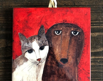 Cat & Dog - Friends, ceramic tile, art painting, artistic image