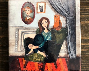 Ceramic tile, Girl in an armchair with a cat, childroom, art painting, artistic image