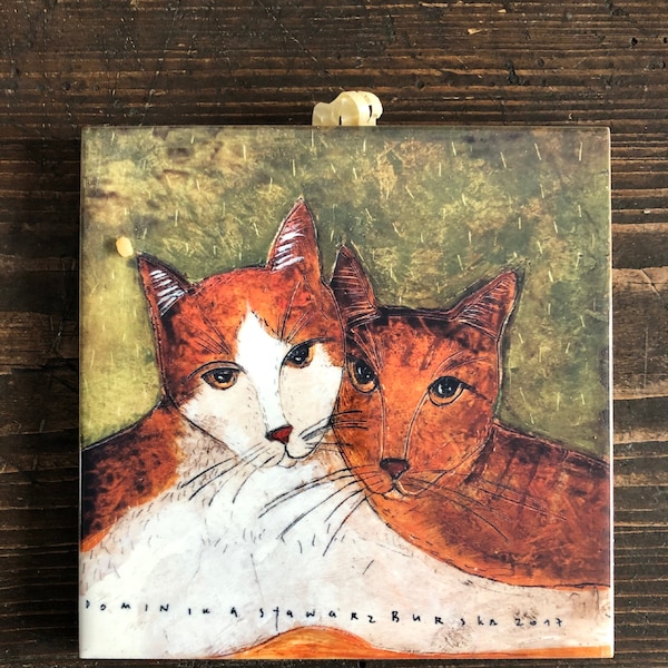Ceramic tile, two Cats, childroom, art painting, artistic image