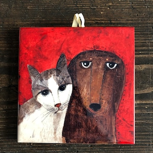 Cat & Dog - Friends, ceramic tile, art painting, artistic image