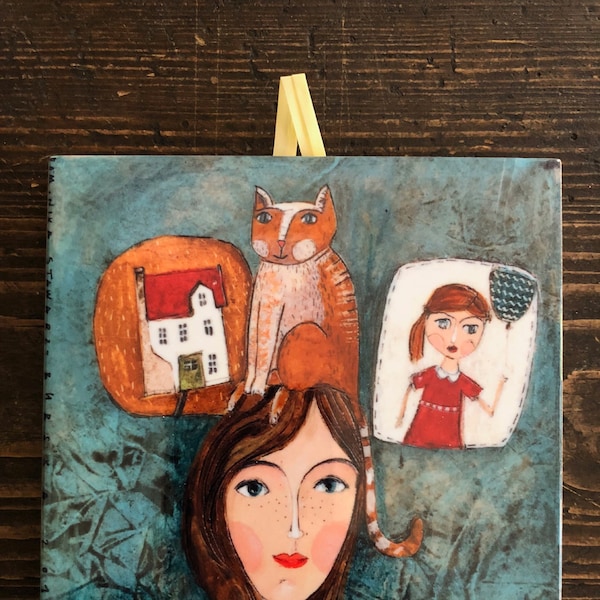Ceramic tile, Cat on the head and in the head, childroom, art painting, artistic image