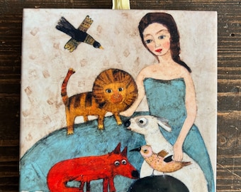 Ceramic tile, Girl with a lion and others from the zoo, childroom, art painting, artistic image