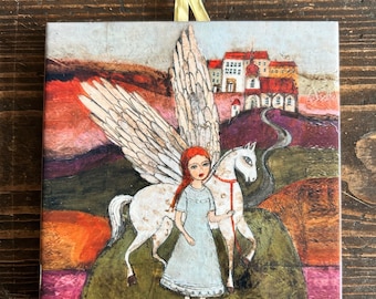 Ceramic tile, Girl with a pegasus, best GIFT, ceramic tile, art painting, artistic image, winged love