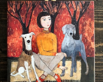 Ceramic tile, Girl with dogs in the forest, childroom, art painting, artistic image