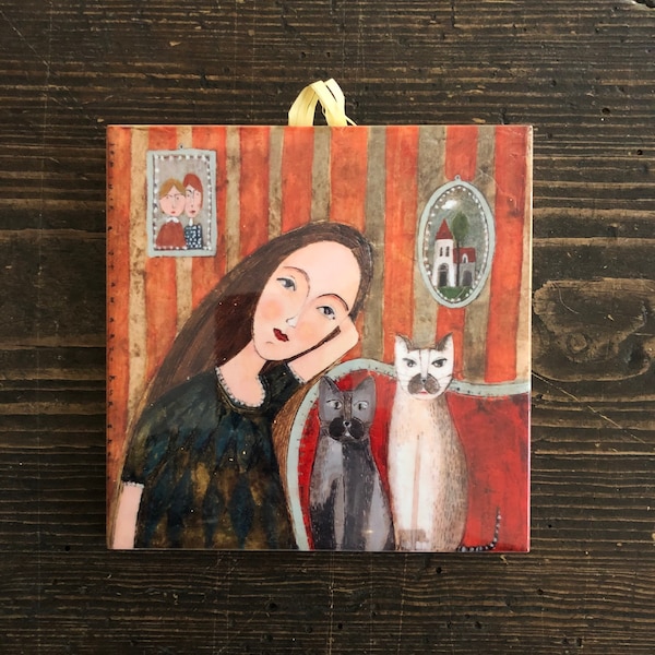 Ceramic tile, girl with cats, childroom, art painting, artistic image