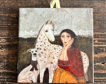 Artistic Ceramic Tile, Woman, Horse, and Dog, Home Decor