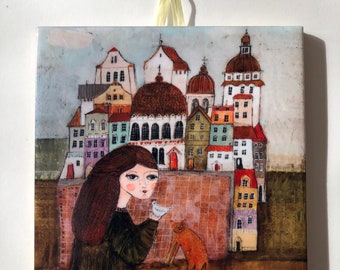 Ceramic tile, talking to a bird, childroom, art painting, artistic image