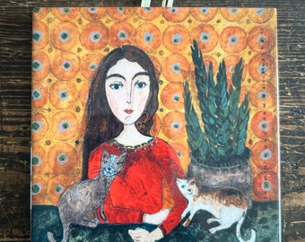 Ceramic tile, girl with cats and flower, childroom, art painting, artistic image