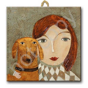May include: A painting of a woman with red hair and a brown dog. The woman is wearing a white and brown checked shirt. The dog is looking at the viewer. The background is a light green colour.
