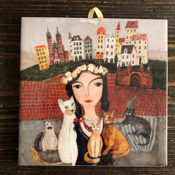 Carreau de céramique, Fille avec de jolis chats, chambre d'enfant, peinture d'art, image artistique