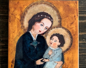 Ceramic tile, young Madonna with a child, art painting, artistic image