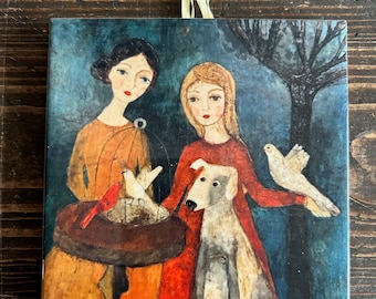 Ceramic tile, Girls, birds and a dog, art painting, artistic image, gift, decorative picture