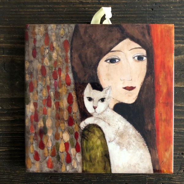 Dziewczyna z kotem, płytki ceramiczne, malowanie artystyczne, wizerunek artystyczny, najlepszy prezent