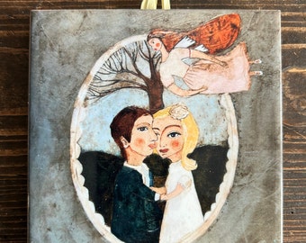 Ceramic tile, Bride and Groom and LOVE, GREAT GIFT, ceramic tile, art painting, artistic image, wonderful love